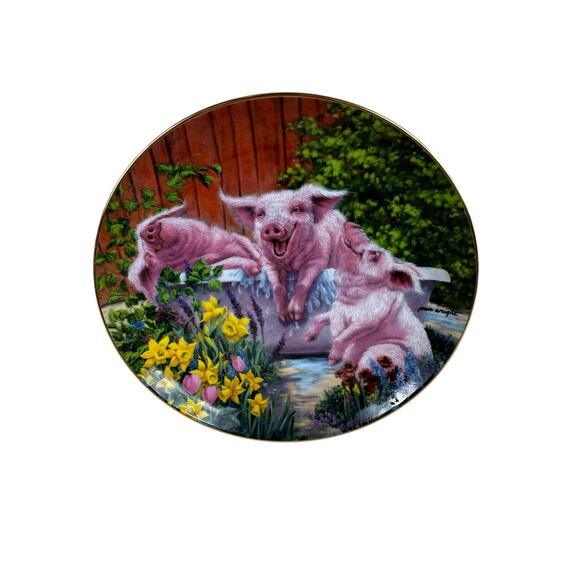 Hog Wash By Joan Wright Pigs In Bloom The Danbury Mint Collectible Plate - Picture 1 of 3